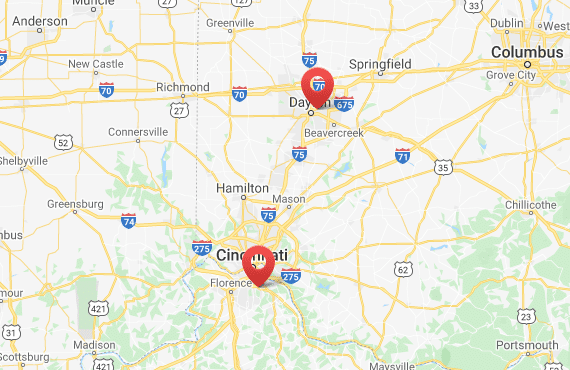 AnyWeather Company Location Map Photo showing Cincinnati, NKY, and Dayton
